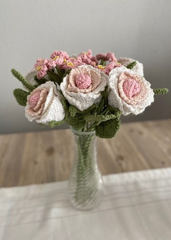 Pembe El Örgüsü gül mine cicegi 6 adet gülle birlikte - Görsel 5