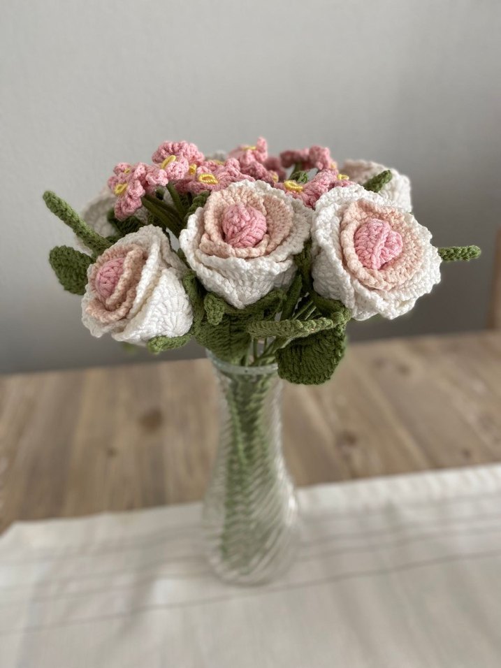 Pembe El Örgüsü gül mine cicegi 6 adet gülle birlikte - Görsel 5