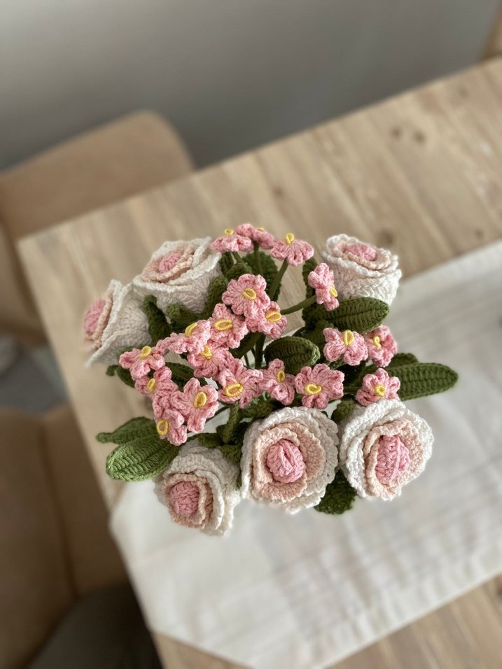 Pembe El Örgüsü gül mine cicegi 6 adet gülle birlikte - Görsel 4