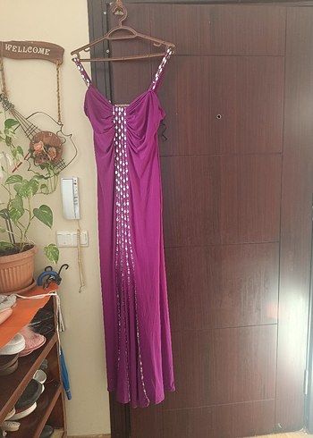 Mor Drapeli Uzun Askılı Bohem Elbise - Görsel 2