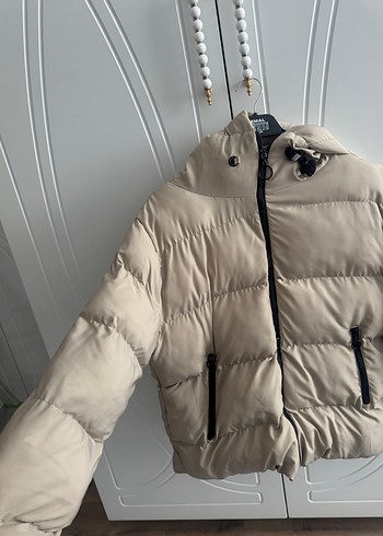 Bej Kadın Puff Mont, Midi Boy, Sokak Stili - Görsel 2