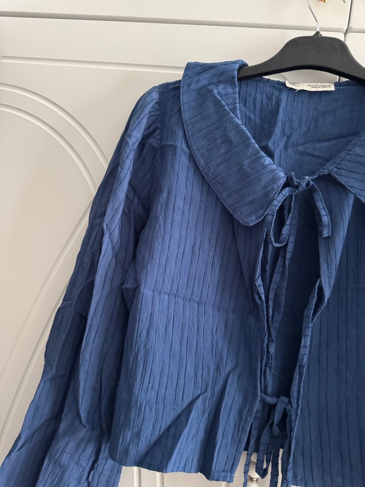 Lacivert Bohem Uzun Kollu Keten Kadın Gömlek - Görsel 2