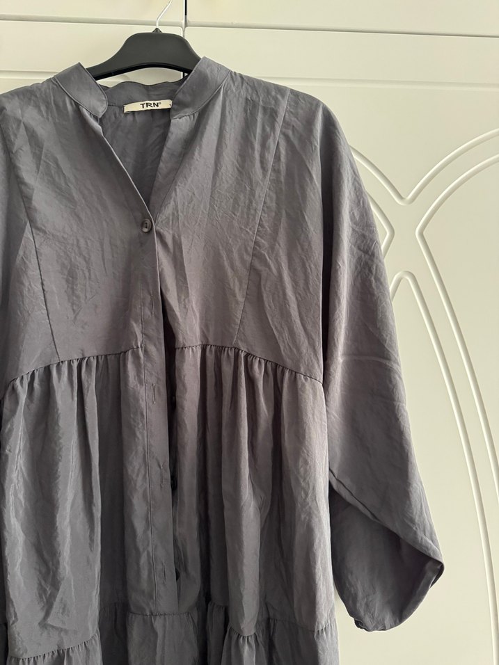 Gri Uzun Keten Elbise, Salaş ve Pilili - Görsel 3