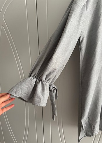 Kadın Gri Keten Düğmeli Uzun Kollu Gömlek - Görsel 3