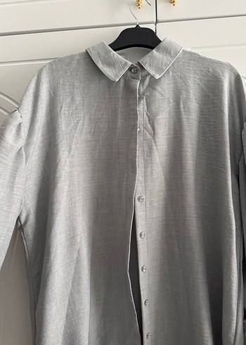 Kadın Gri Keten Düğmeli Uzun Kollu Gömlek - Görsel 4