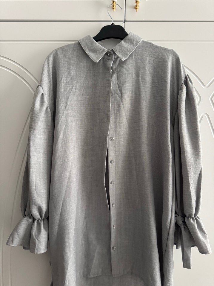 Kadın Gri Keten Düğmeli Uzun Kollu Gömlek - Görsel 5