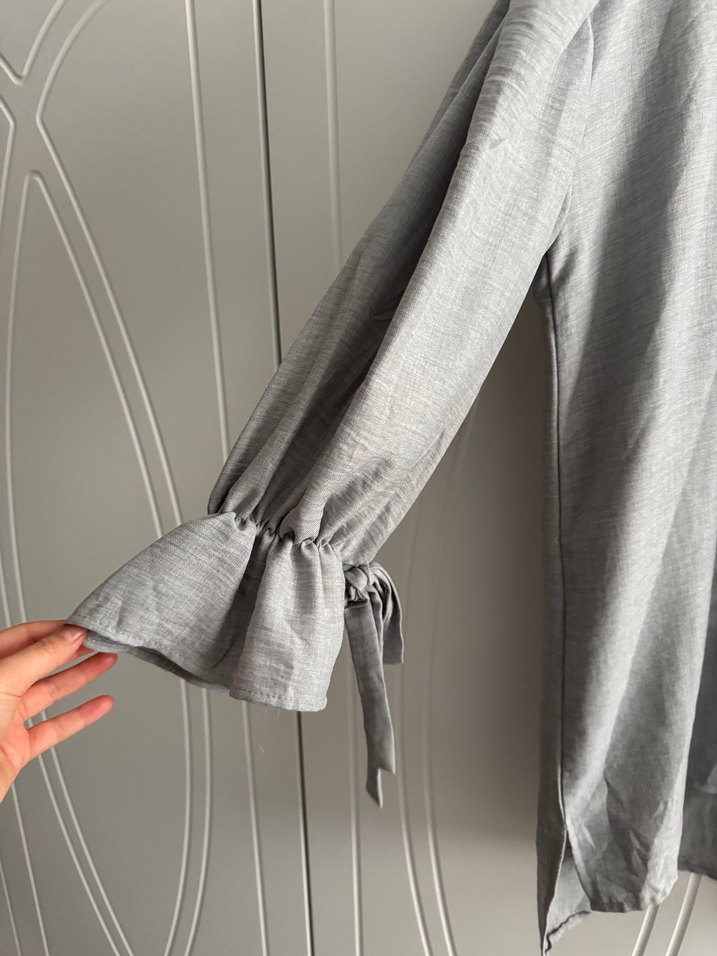 Kadın Gri Keten Düğmeli Uzun Kollu Gömlek - Görsel 3