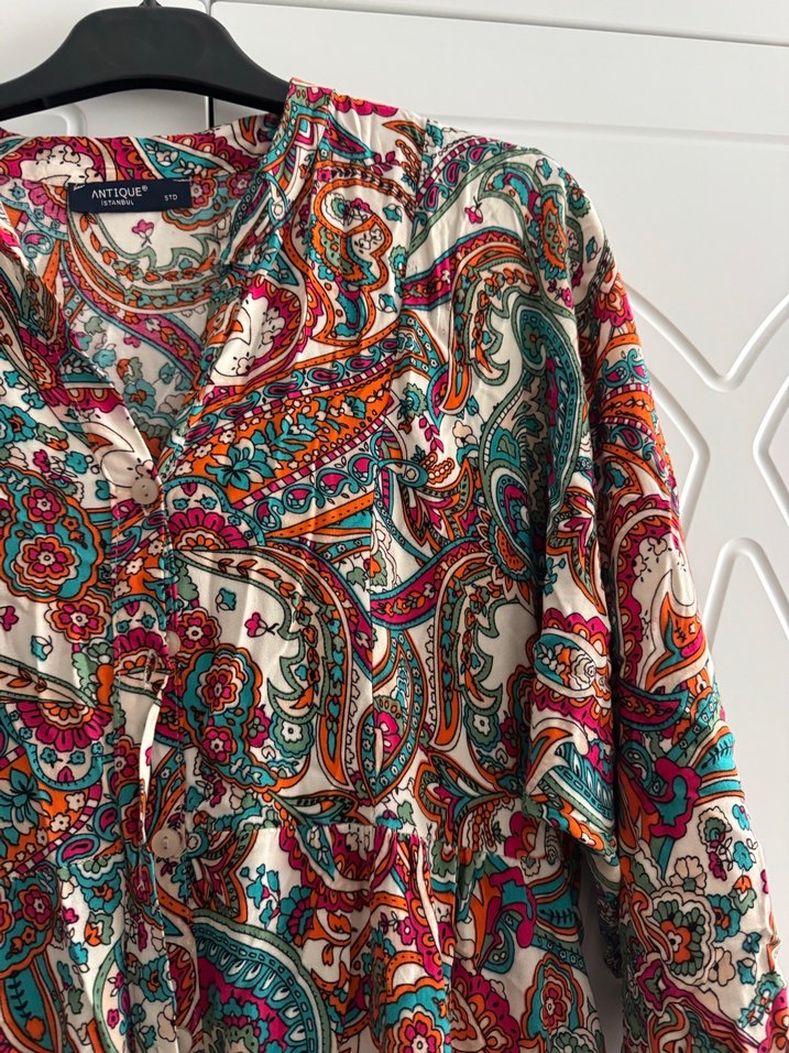 Renkli Bohem Uzun Kollu V Yaka Elbise - Görsel 3