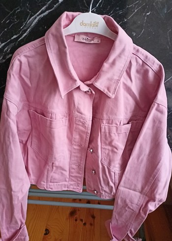 Düğmeli Pembe Kadın Denim Ceket - Görsel 3