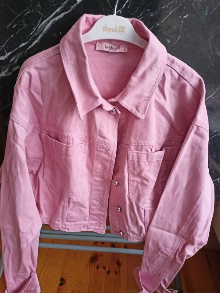 Düğmeli Pembe Kadın Denim Ceket - Görsel 3
