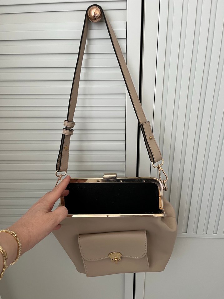 Vintage Bej Deri Kadın Omuz Çantası - Görsel 2