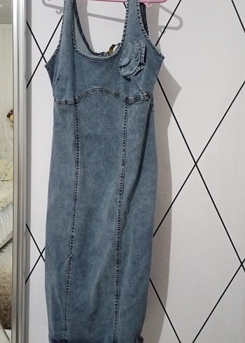 Kot Kumaşlı Uzun Askılı Kadın Elbise - Görsel 2