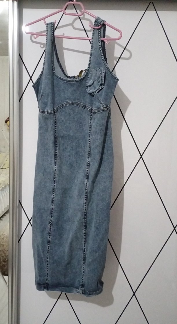 Kot Kumaşlı Uzun Askılı Kadın Elbise - Görsel 2