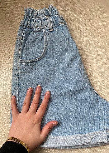 Düğmeli Beli Lastikli Mavi Mini Kot Şort - Görsel 3