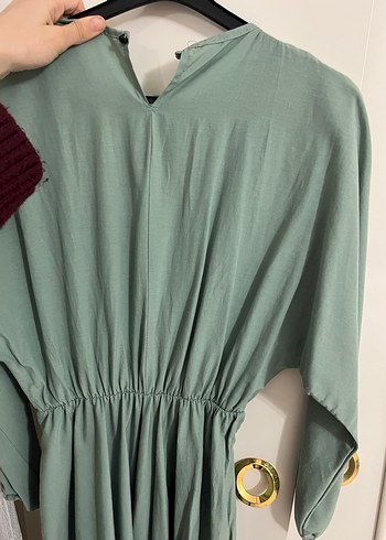 Yeşil Uzun Keten Elbise - Görsel 4