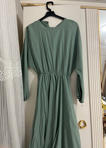 Yeşil Uzun Keten Elbise - Görsel 3