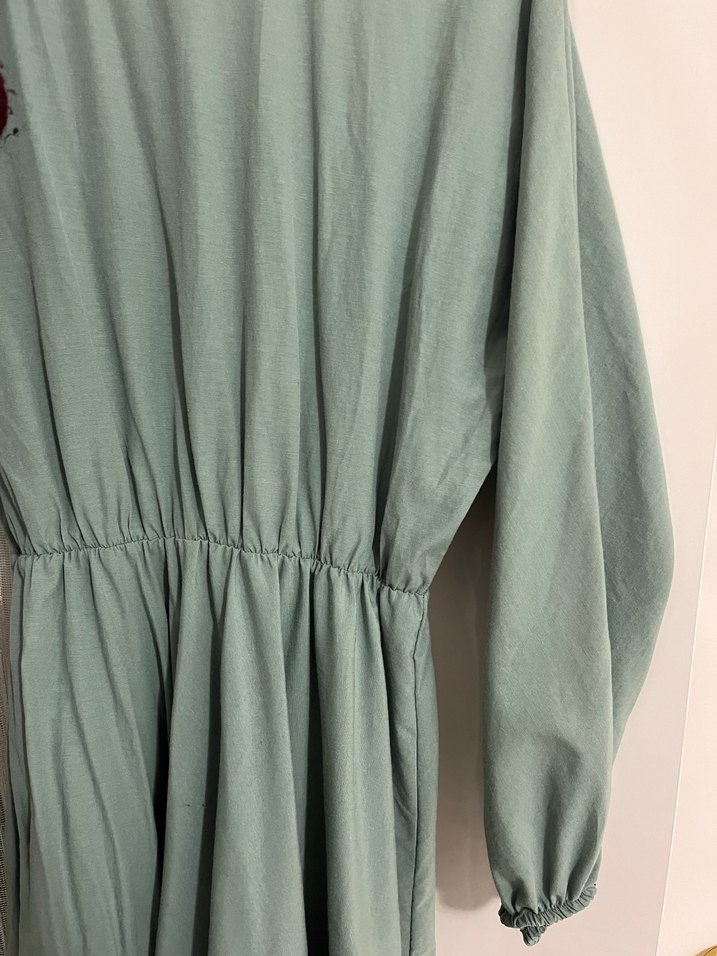 Yeşil Uzun Keten Elbise - Görsel 2