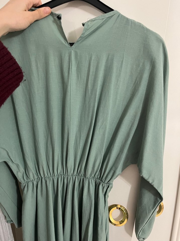 Yeşil Uzun Keten Elbise - Görsel 4