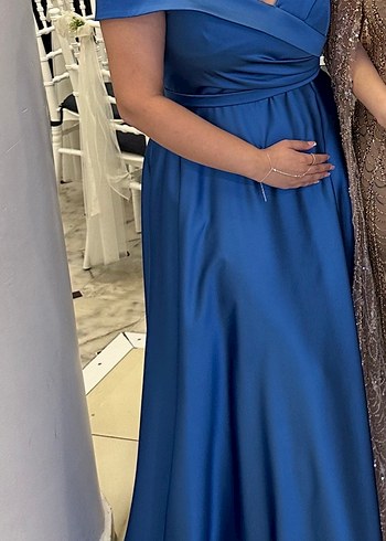 Parlak Mavi Uzun Drapeli Cepli Abiye Elbise - Görsel 3