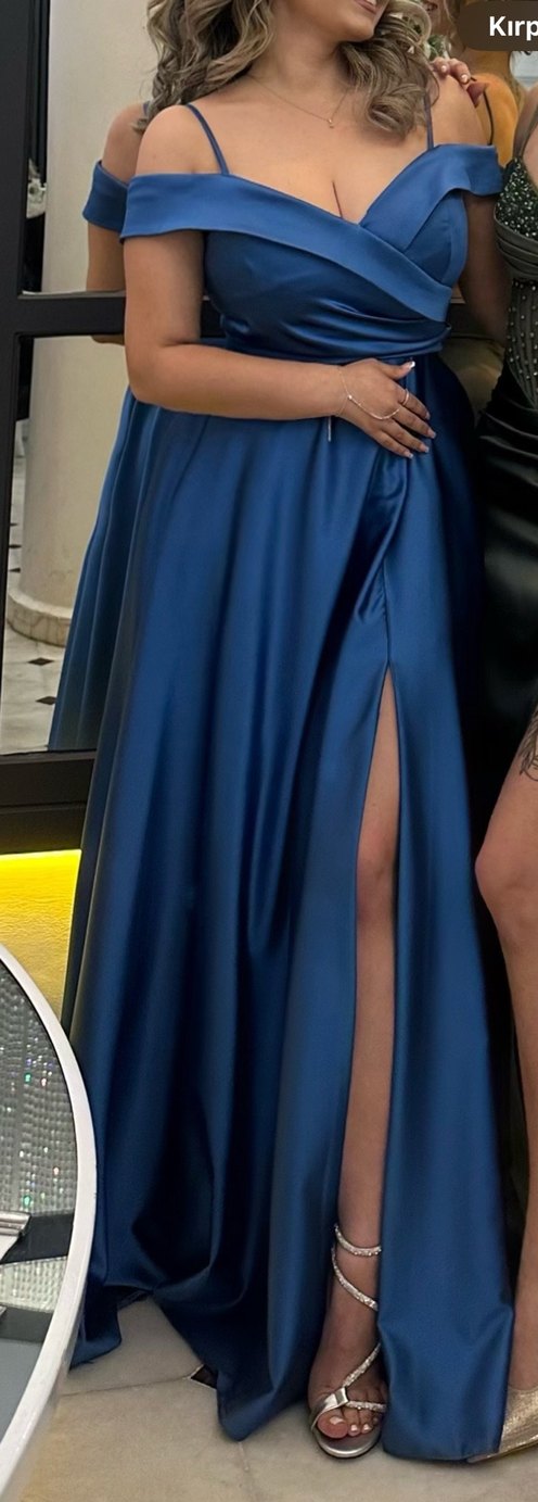 Parlak Mavi Uzun Drapeli Cepli Abiye Elbise - Görsel 2