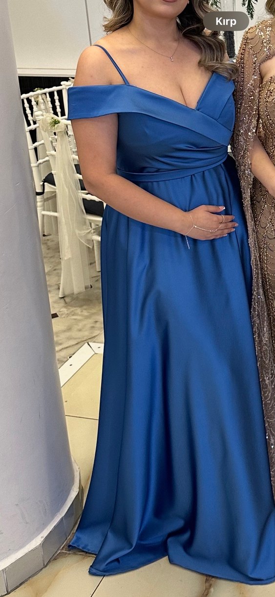 Parlak Mavi Uzun Drapeli Cepli Abiye Elbise - Görsel 3