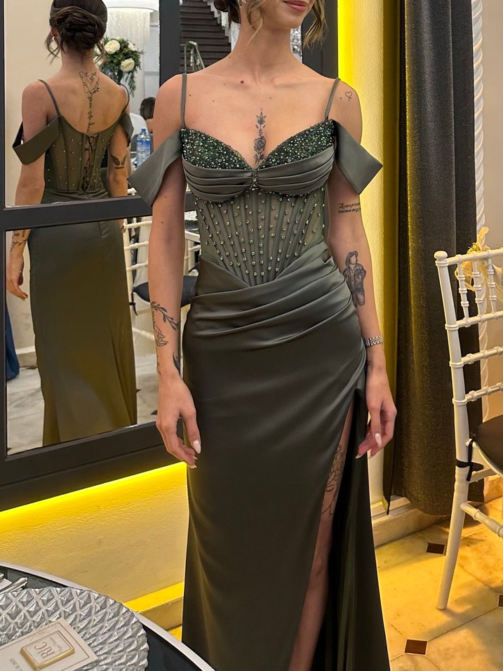 Uzun Haki Straplez İşlemeli Saten Abiye Elbise - Görsel 2