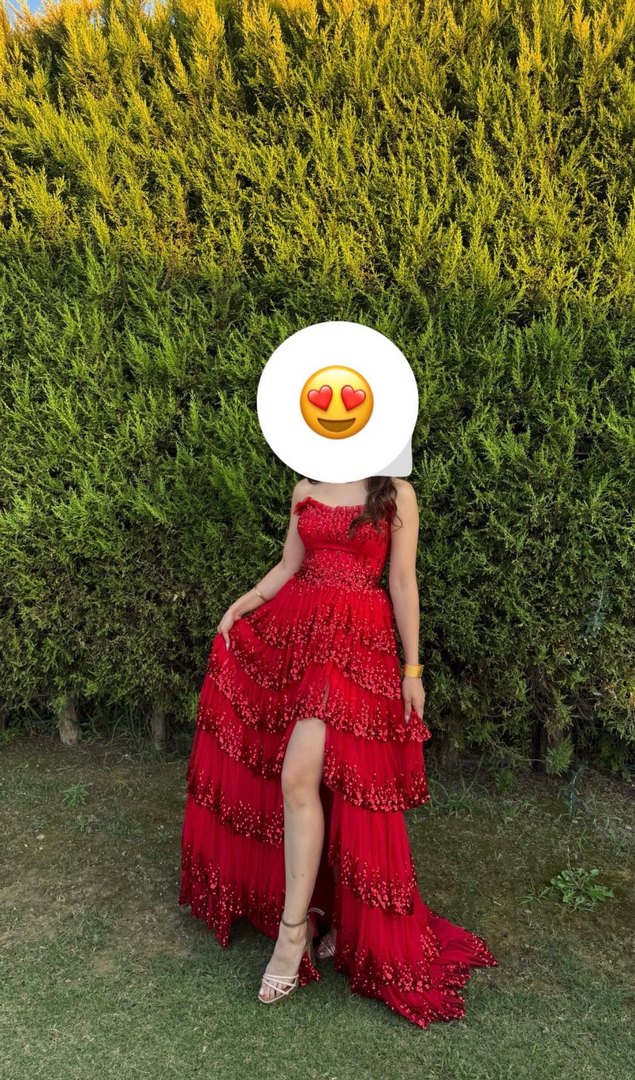 Kırmızı Straplez İşlemeli Uzun Abiye Elbise - Görsel 2