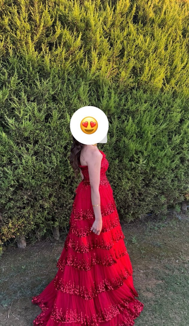 Kırmızı Straplez İşlemeli Uzun Abiye Elbise - Görsel 3