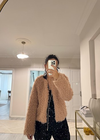 s Beden ten rengi Renk Pudra Kadın Peluş Midi Ceket