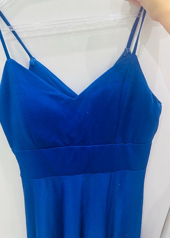 SAKS İNCE ASKILI YIRTMAÇLI UZUN ABİYE ELBİSE - Görsel 5