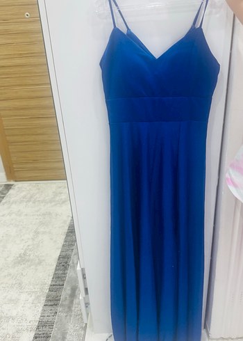 SAKS İNCE ASKILI YIRTMAÇLI UZUN ABİYE ELBİSE - Görsel 6