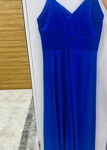 SAKS İNCE ASKILI YIRTMAÇLI UZUN ABİYE ELBİSE - Görsel 7