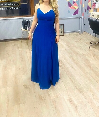 Diğer SAKS ASKILI YIRTMAÇLI UZUN ABİYE ELBİSE