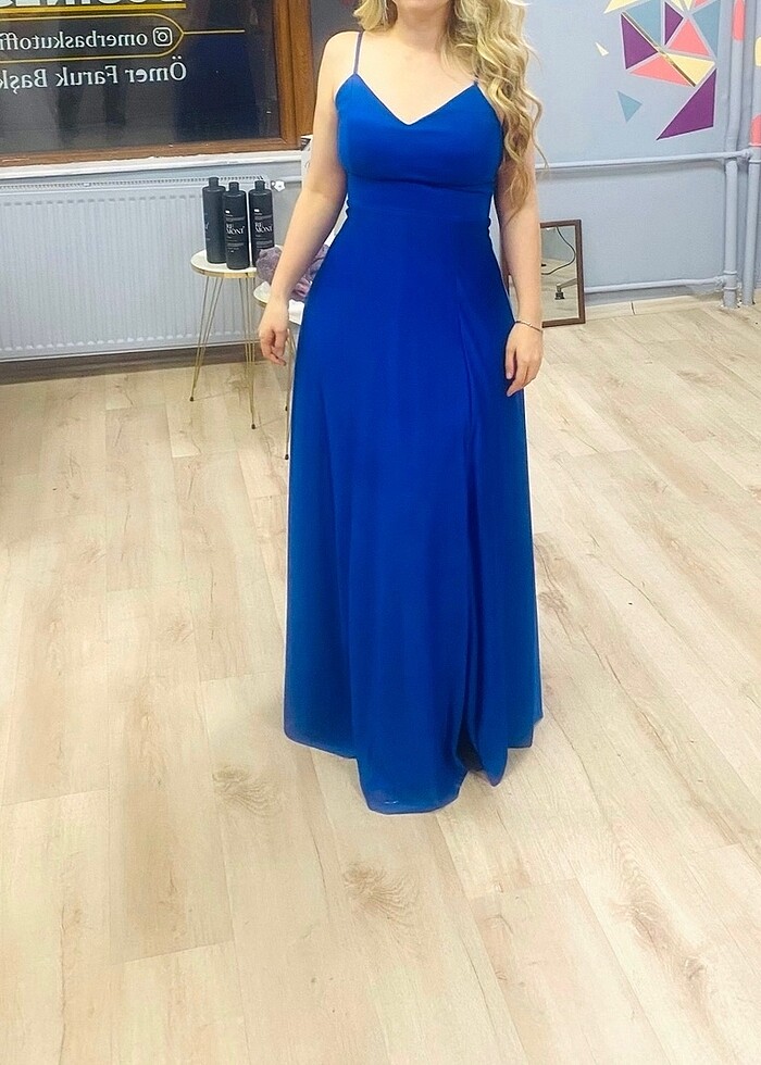 SAKS İNCE ASKILI YIRTMAÇLI UZUN ABİYE ELBİSE - Görsel 2