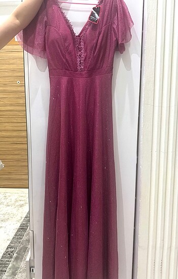 38 BEDEN ETİKETLİ YENİ PEMBE SİMLİ UZUN ABİYE - Görsel 5