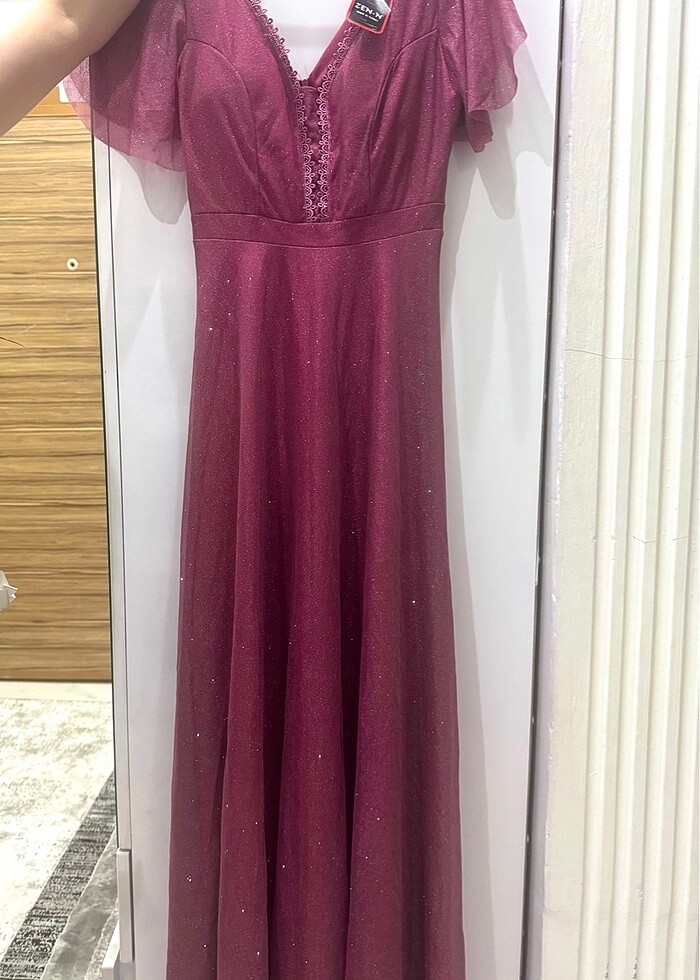 38 BEDEN ETİKETLİ YENİ PEMBE SİMLİ UZUN ABİYE - Görsel 5