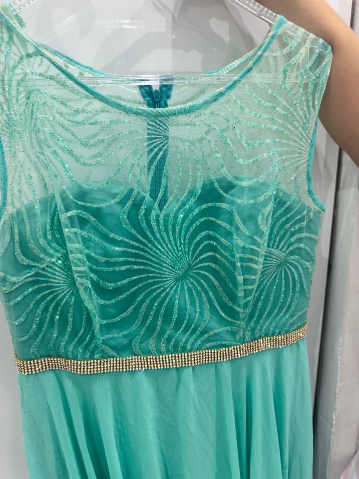 Su Yeşili- Turkuaz Uzun Abiye Elbise Drapeli Detaylı - Görsel 2