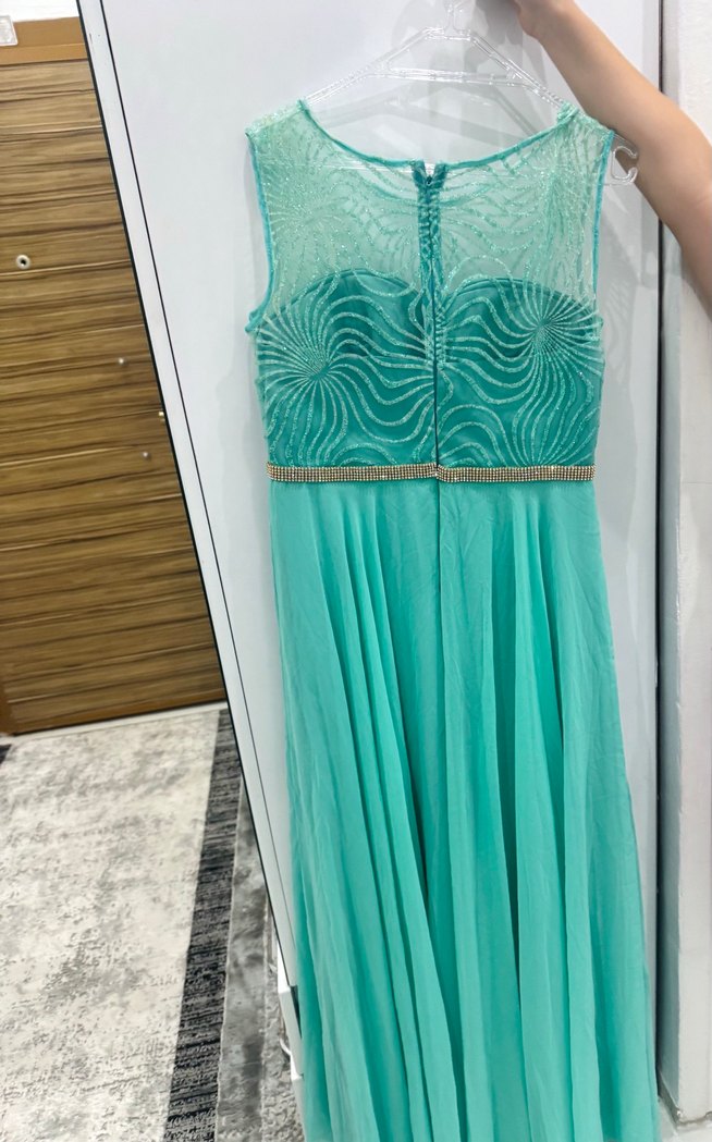 Su Yeşili- Turkuaz Uzun Abiye Elbise Drapeli Detaylı - Görsel 3