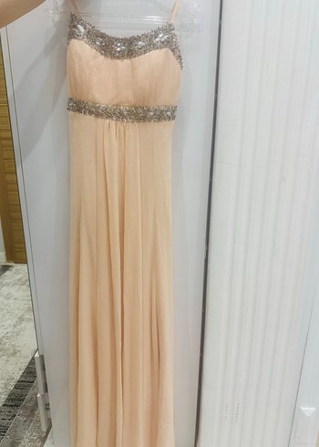 38 Beden İnce Askılı Açık Pudra-Bej Uzun Abiye Elbise - Görsel 3