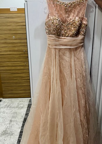 Pudra Pembe Payetli Uzun Kabarık Abiye/Nişan Elbise - Görsel 3