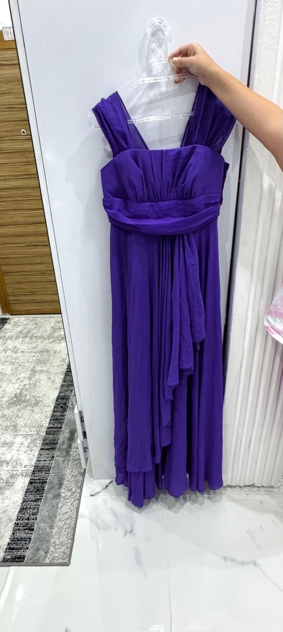 Mor Uzun Abiye Elbise 40 Beden, Askılı, Simli, Belden Genişleyen - Görsel 4