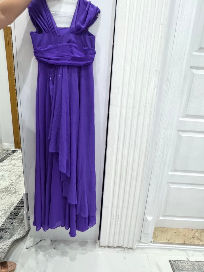 Mor Uzun Abiye Elbise 40 Beden, Askılı, Simli, Belden Genişleyen - Görsel 3