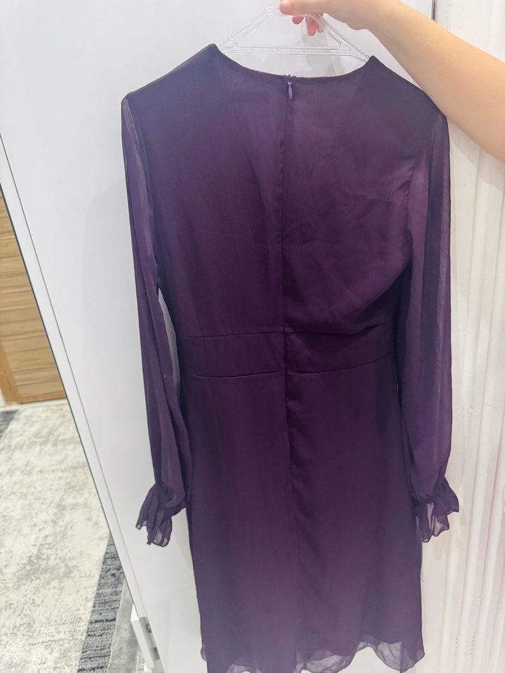 Etiketli Trendyol Tüllü Uzun Kollu Mor Midi Elbise - Görsel 5