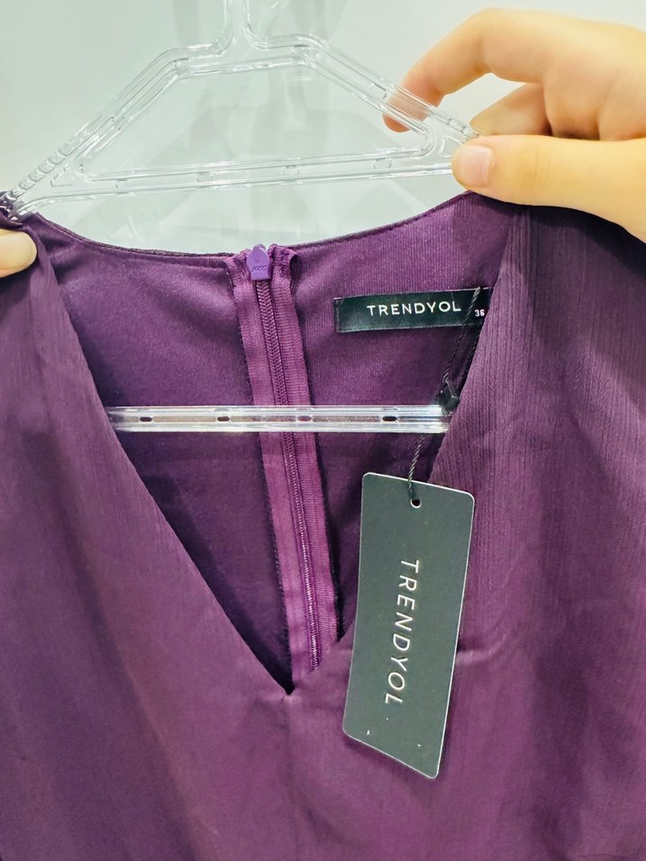 Etiketli Trendyol Tüllü Uzun Kollu Mor Midi Elbise - Görsel 3