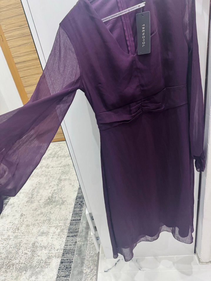 Etiketli Trendyol Tüllü Uzun Kollu Mor Midi Elbise - Görsel 4