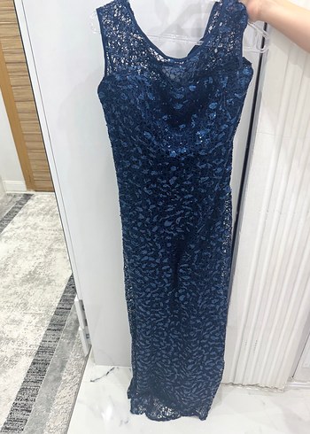 Lacivert İşlemeli Dantel Uzun Abiye Elbise - Görsel 4