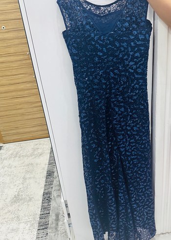 Lacivert İşlemeli Dantel Uzun Abiye Elbise - Görsel 3
