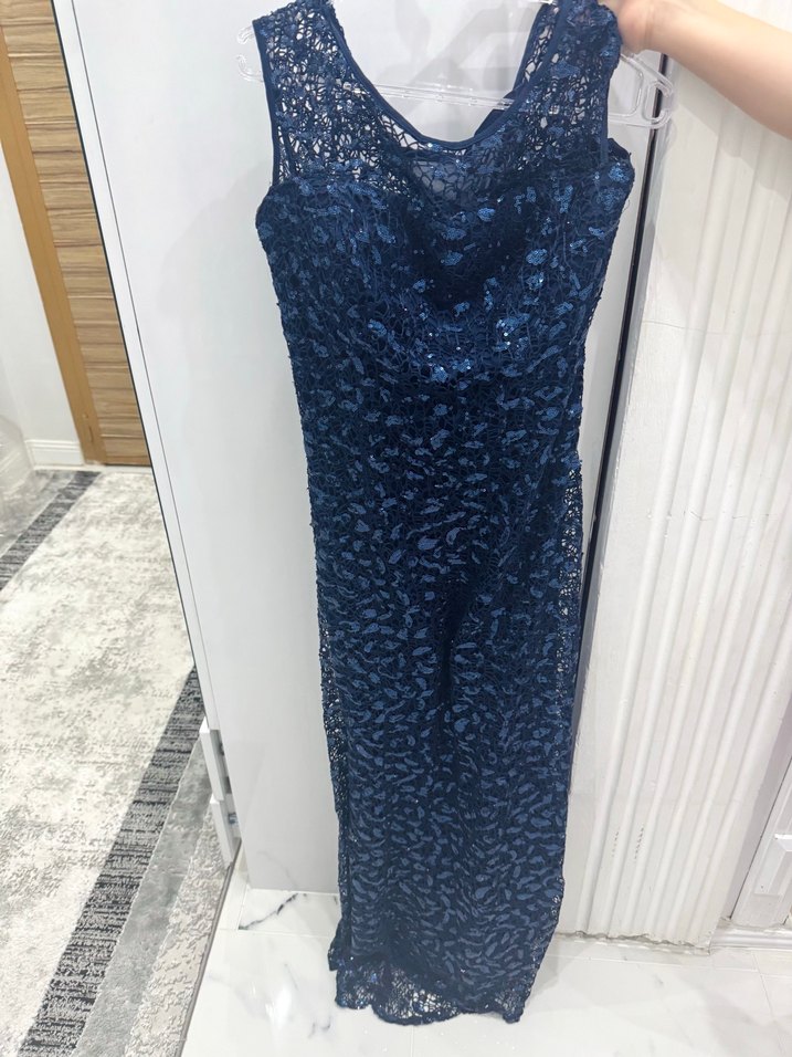 Lacivert İşlemeli Dantel Uzun Abiye Elbise - Görsel 4