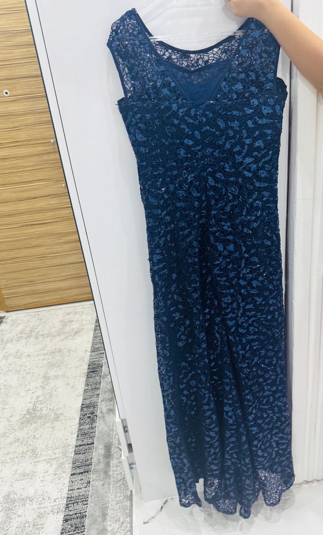 Lacivert İşlemeli Dantel Uzun Abiye Elbise - Görsel 3