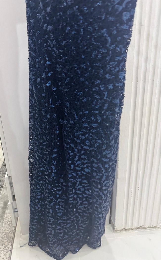 Lacivert İşlemeli Dantel Uzun Abiye Elbise - Görsel 5